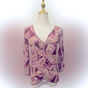 Elegant V-Neck Ruched Blouse in Pink and Brown